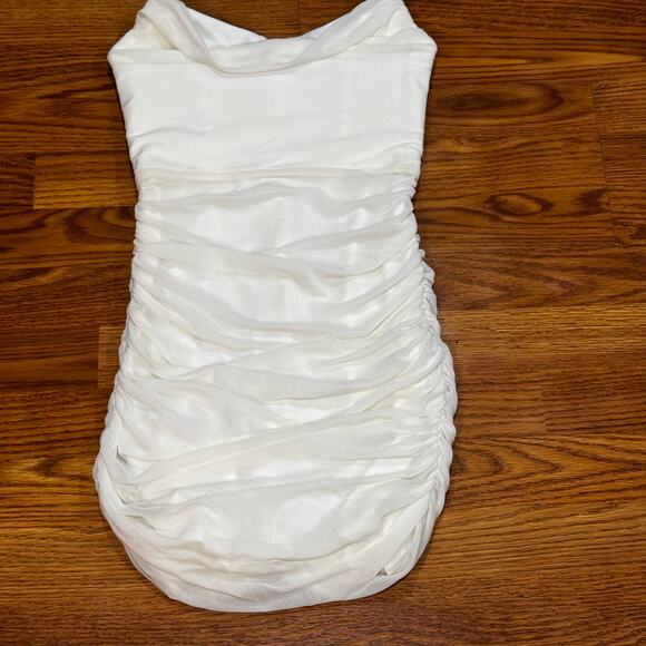 Michael Costello x REVOLVE ruched stain Bardot Mini Dress in Ivory small - Picture 7 of 12